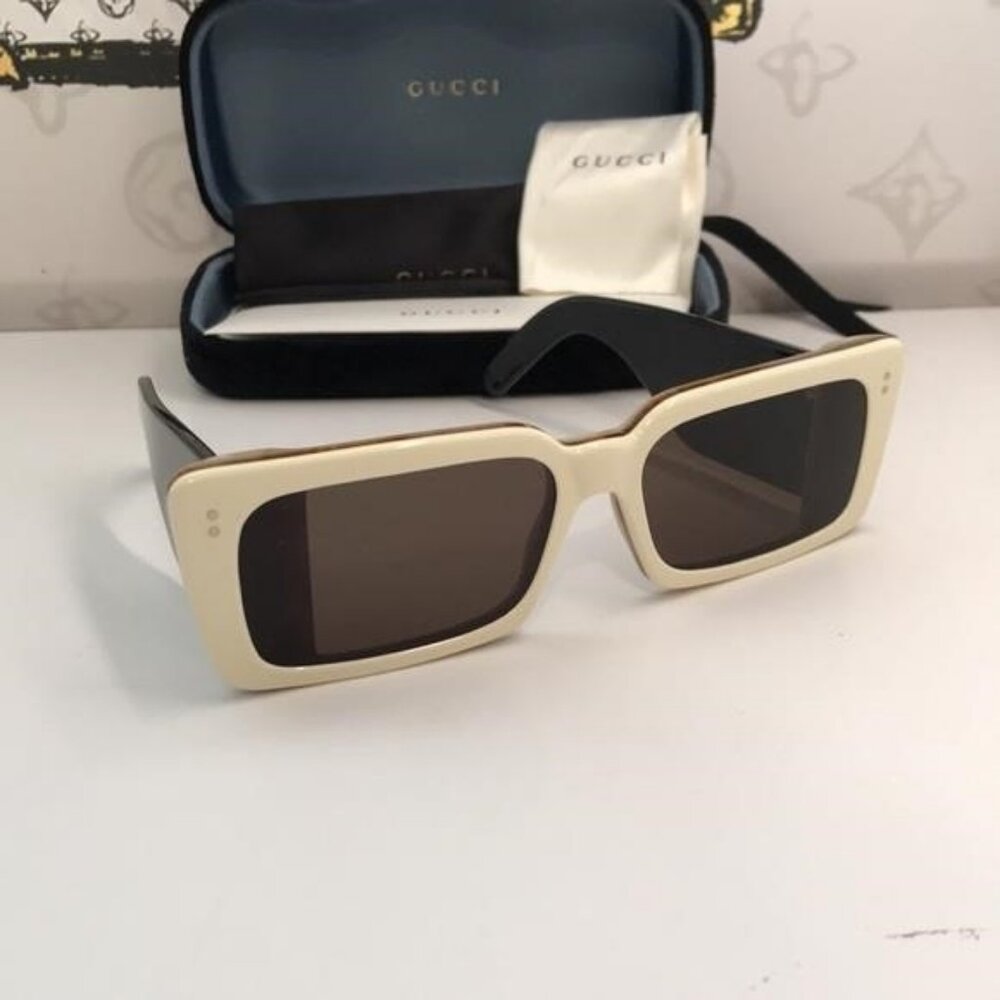 New Gucci GG0543S 002 Ivory Black Oversized Rectangular Sunglasses Brown Lens - Picture 3 of 12